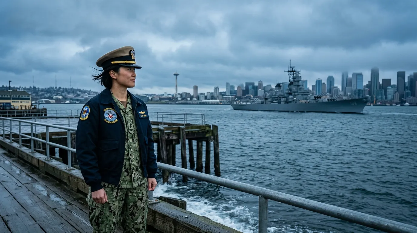 A Navy commander looking out at the water, feeling peaceful and free.