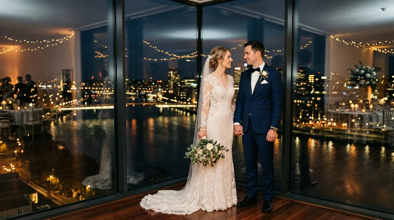 A beautiful bride and groom standing peacefully near large glass windows overlooking the city river at night