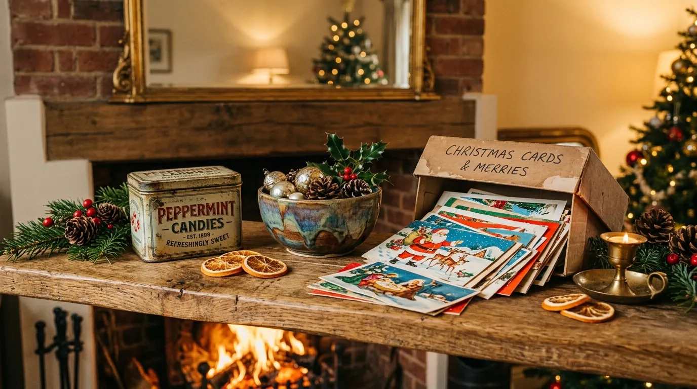 A vintage peppermint tin, a handmade pottery bowl, and old Christmas cards on a mantelpiece.