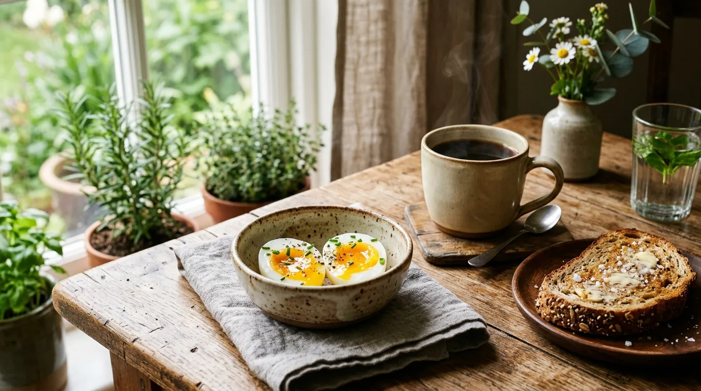 Two perfectly soft-boiled eggs sliced in half on a breakfast table with coffee