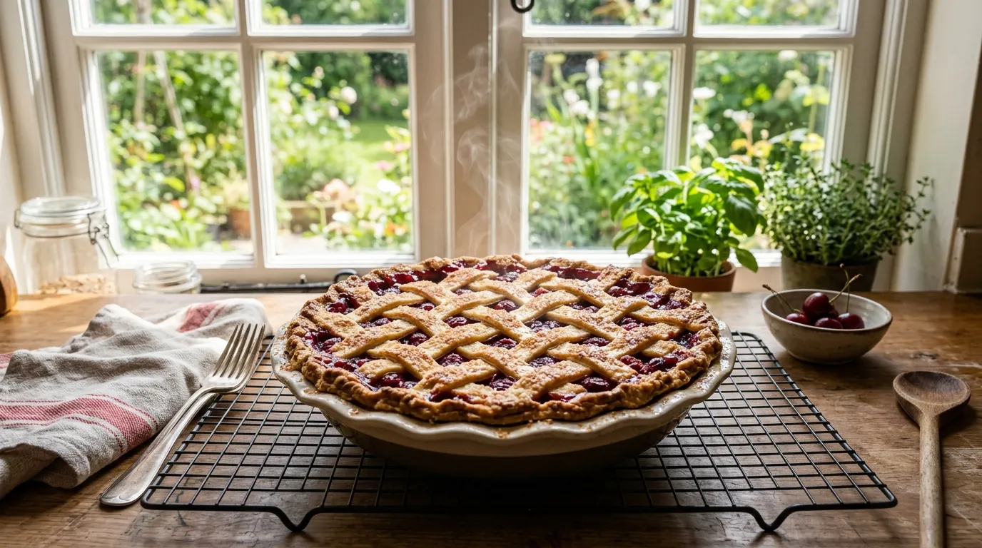 Freshly baked cherry pie with a golden diamond lattice crust
