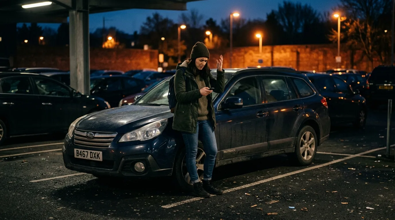 Frustrated driver pressing a key fob next to their locked car in a parking lot