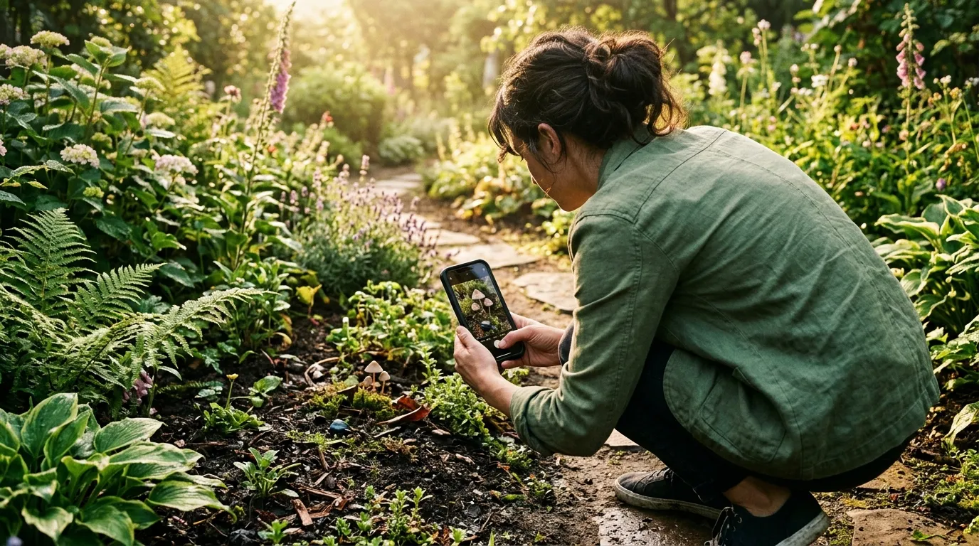 A person crouching in a garden, taking a picture of the ground with a smartphone.
