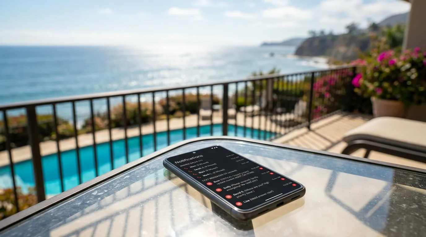 A smartphone screen showing missed calls on a glass table with a sunny ocean background.