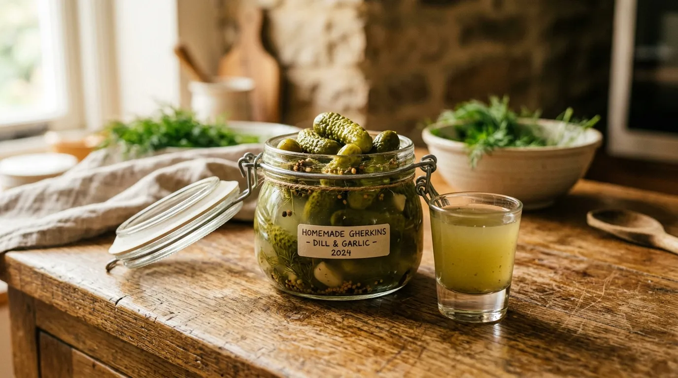 A jar of pickles next to a shot glass filled with pickle brine on a wooden counter
