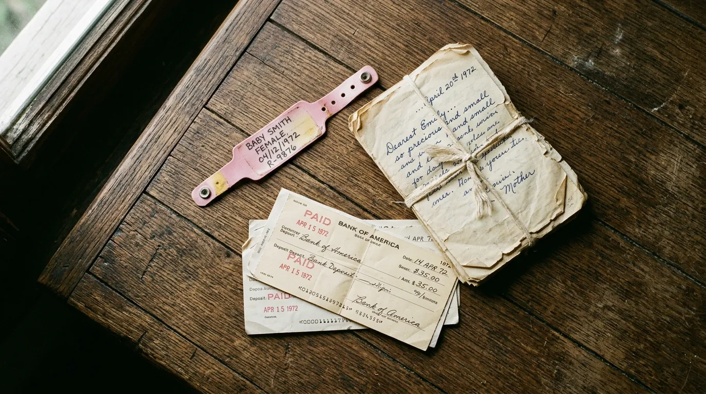 A faded pink hospital baby bracelet resting on top of aged handwritten letters and bank receipts