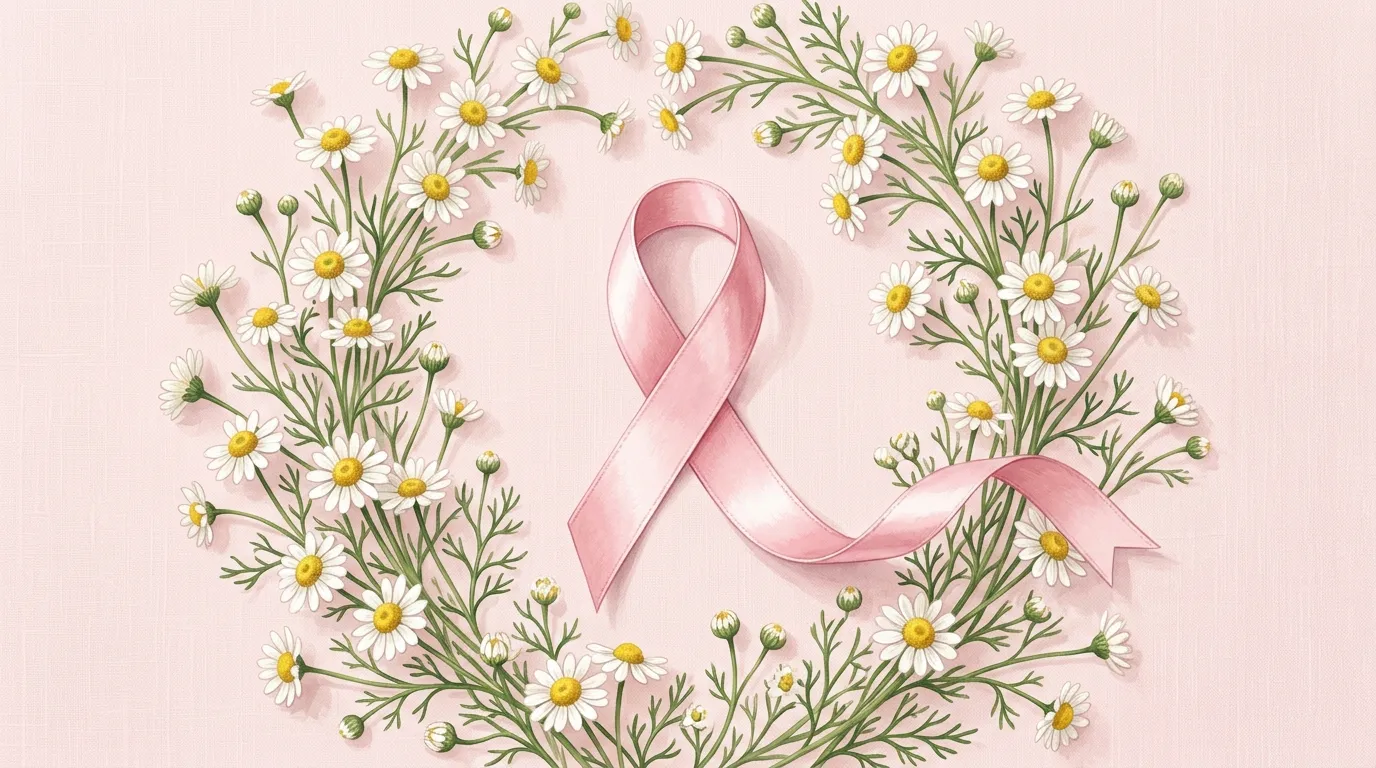 Soft pink breast cancer awareness ribbon surrounded by chamomile flowers