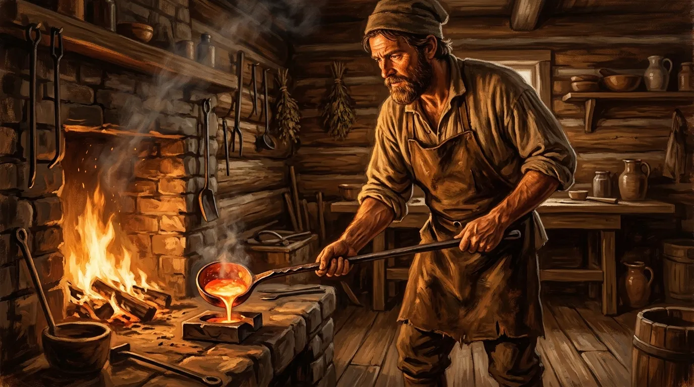 A homesteader melting metal over a hot forge using a long-handled cast-iron spoon