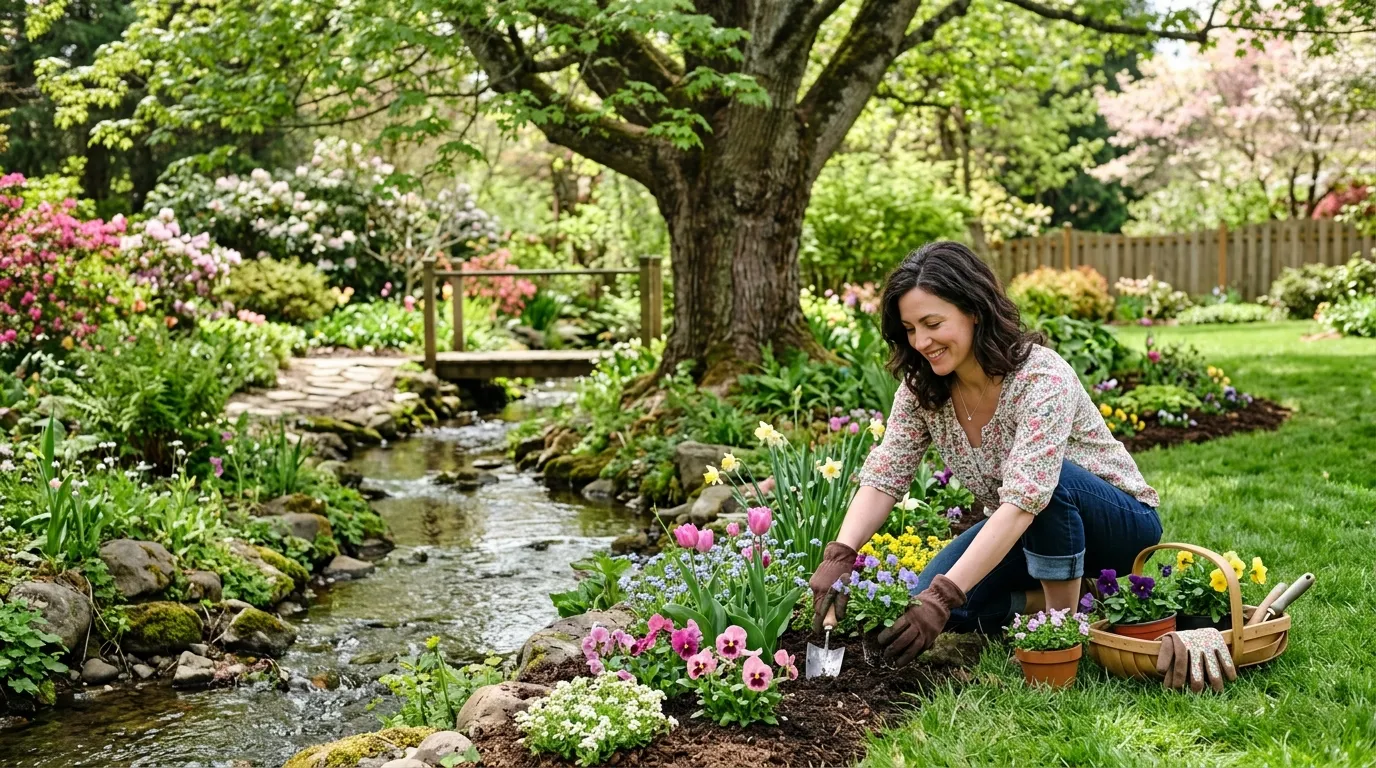 A woman planting colorful flowers near a peaceful backyard creek in springtime.