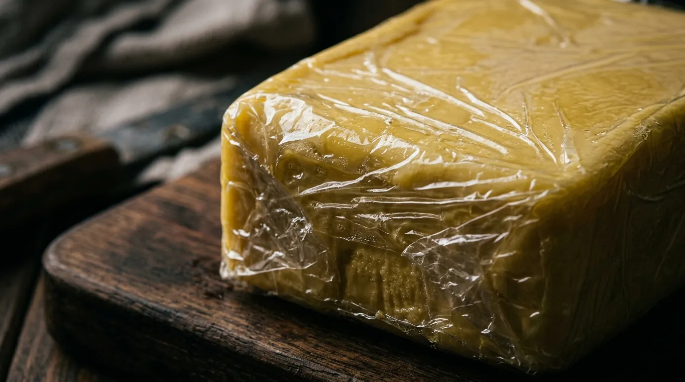 Macro shot of plastic wrap tightly clinging to a block of rich, fatty cheese.