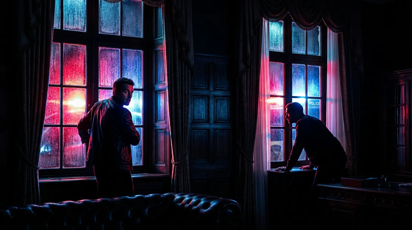 Red and blue police lights flashing brightly through the large windows of a grand mansion at night, casting dramatic shadows indoors.
