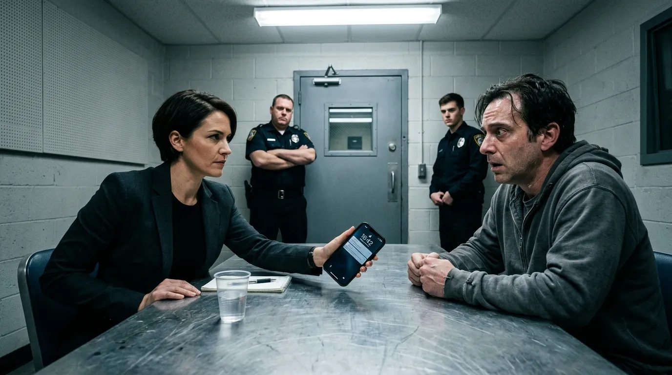A woman playing a recording on her phone in an interrogation room while a man looks terrified.