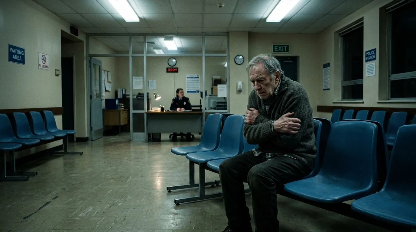 Elderly man shivering in a brightly lit police station waiting area