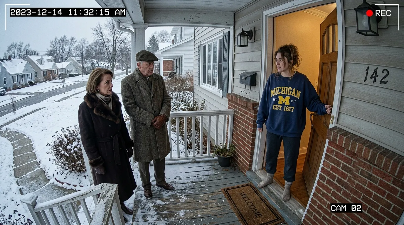 A tense standoff on a suburban front porch on a cold, gray winter day, seen through a security camera lens