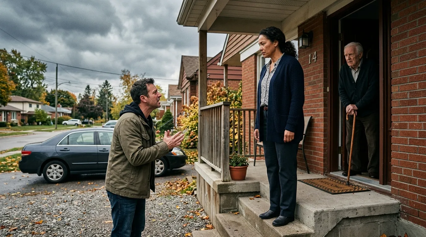 A woman standing proudly on her porch facing her angry husband while her father watches protectively