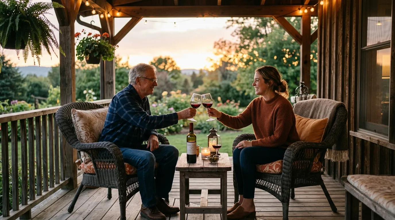 Emma and her father sitting on a porch drinking wine and celebrating