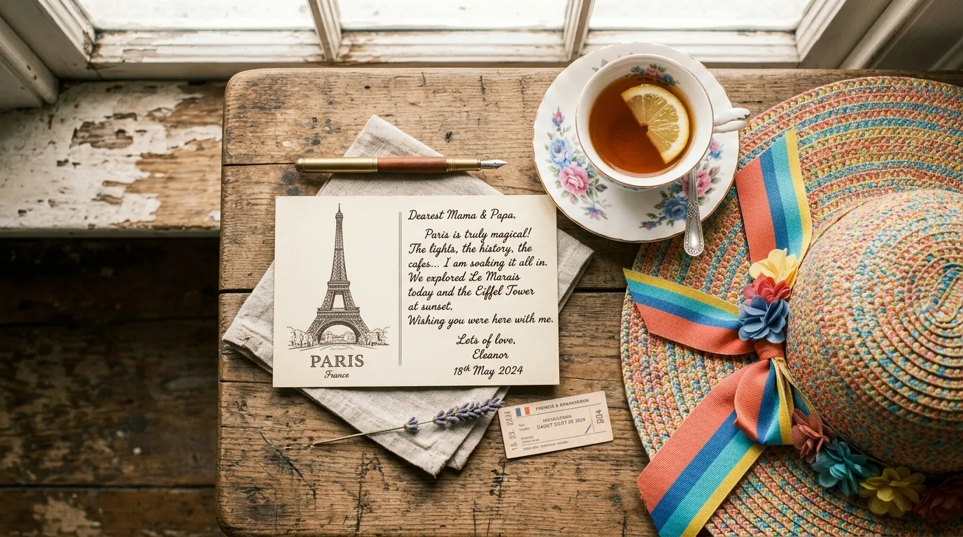 A postcard from Paris resting next to a giant sun hat on a table
