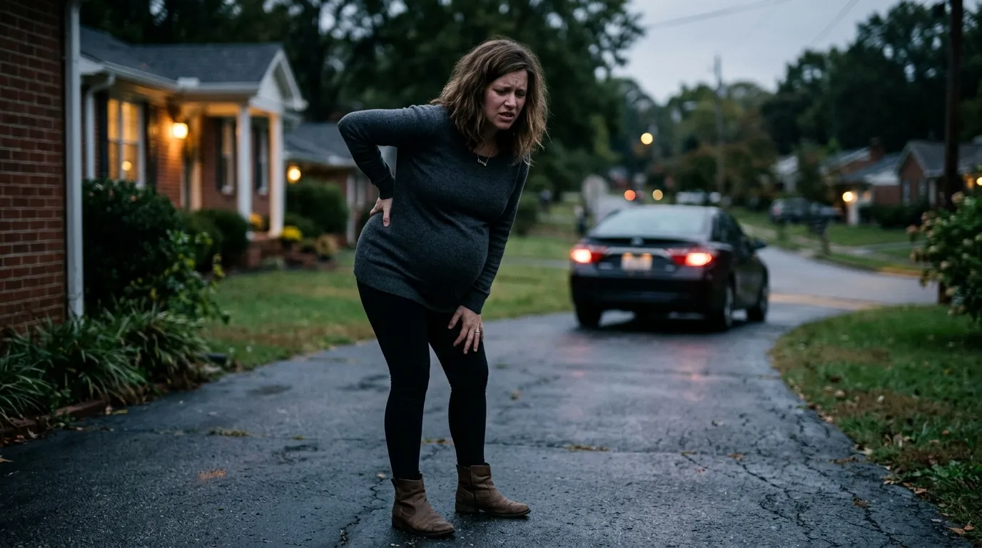 A pregnant woman clutching her back in pain in her driveway while a car drives away.