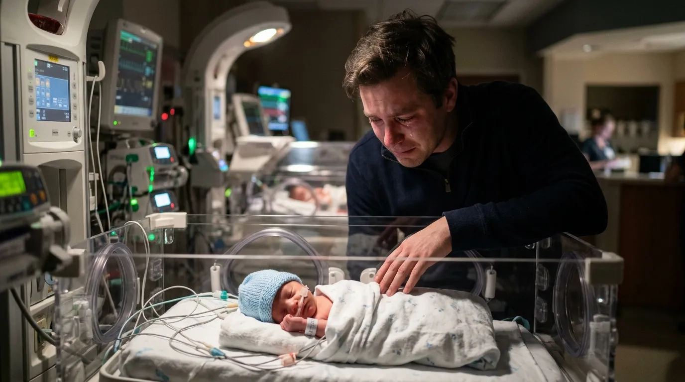 A tiny premature baby resting in a NICU incubator