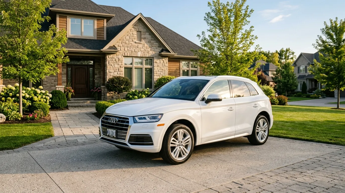 A gleaming, brand new white crossover SUV parked in a sunlit driveway.