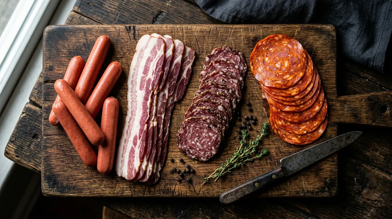 Various processed meats including salami, bacon, and hotdogs on a wooden board