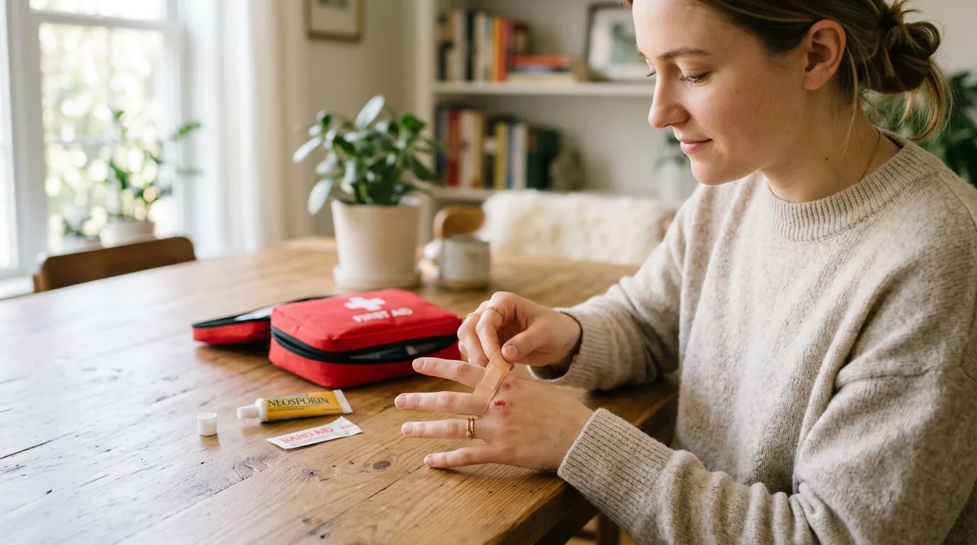 A person applying a fresh adhesive bandage to a clean scrape on their arm
