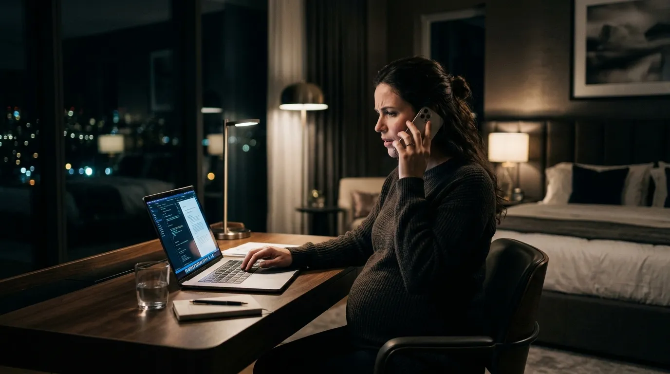 Pregnant woman working on laptop in a dark luxurious bedroom, making a phone call.