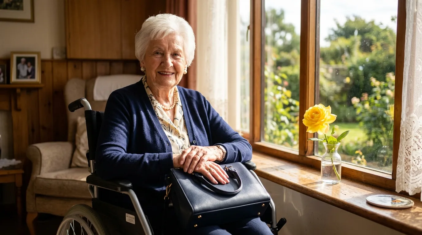 An elegant elderly woman sitting in a wheelchair by a window with a handbag in her lap