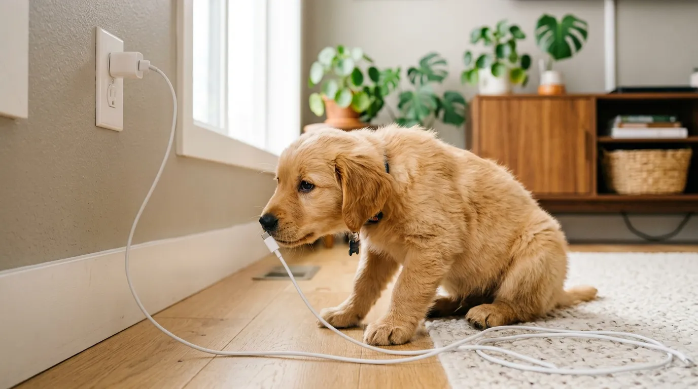 A golden retriever puppy sniffing a dangling charger cord on the floor.