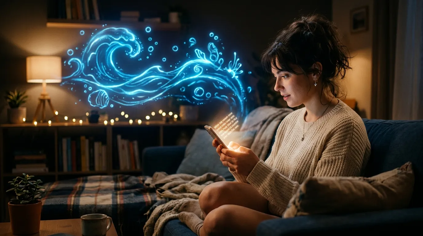 A person looking at a riddle on their smartphone with an ocean graphic in the background