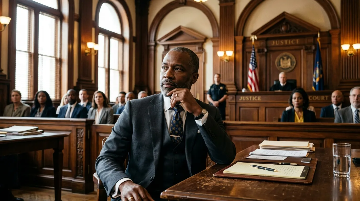 A pensive lawyer sitting in a classic, warmly-lit courtroom