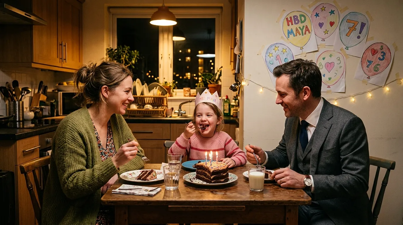 A modest but happy birthday party in a small apartment kitchen with pizza, a chocolate cake, and paper decorations.