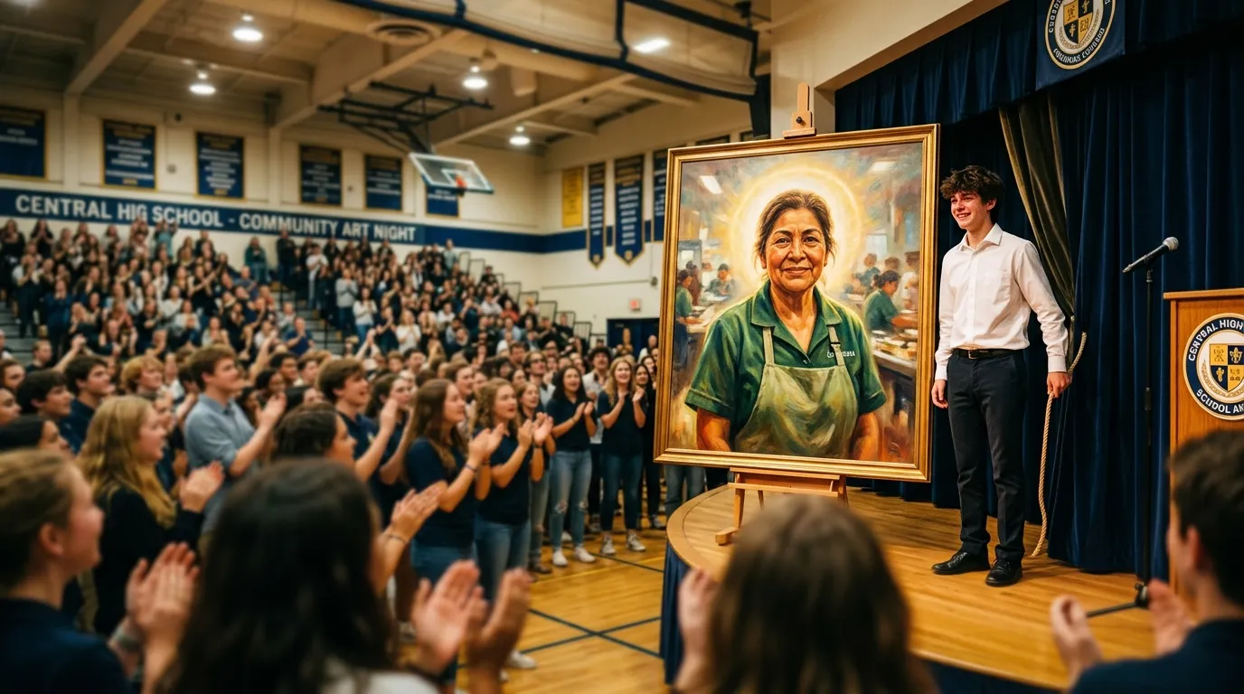 A massive oil painting of a cafeteria worker depicted with a glowing, golden halo and a radiant, loving expression.