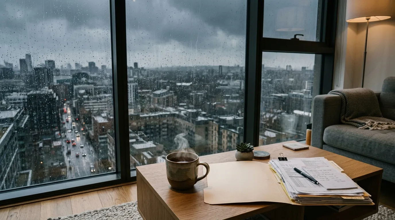 A steaming mug of tea on a coffee table next to financial documents, with a rainy city skyline visible through a large window