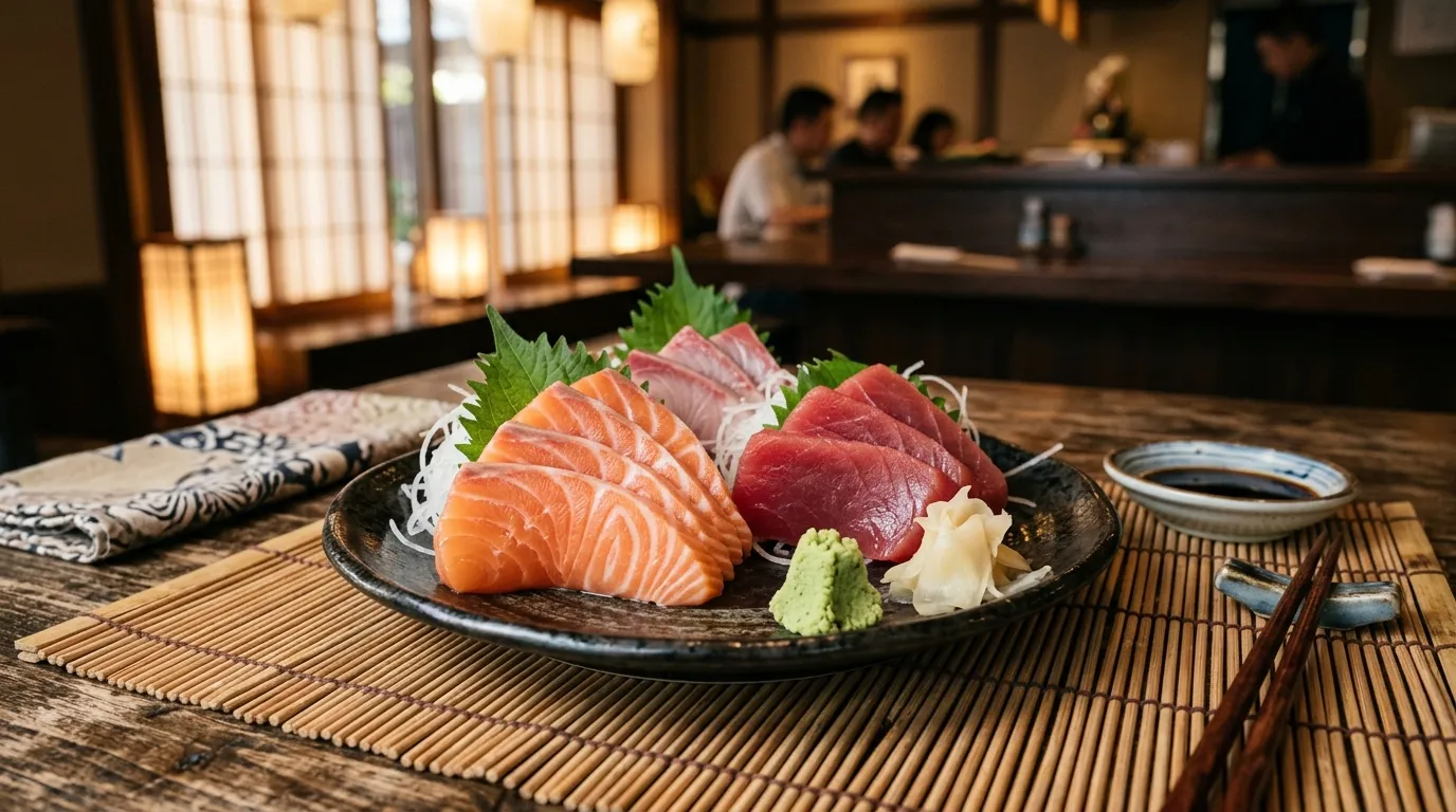 Fresh raw sashimi platter on a bamboo mat