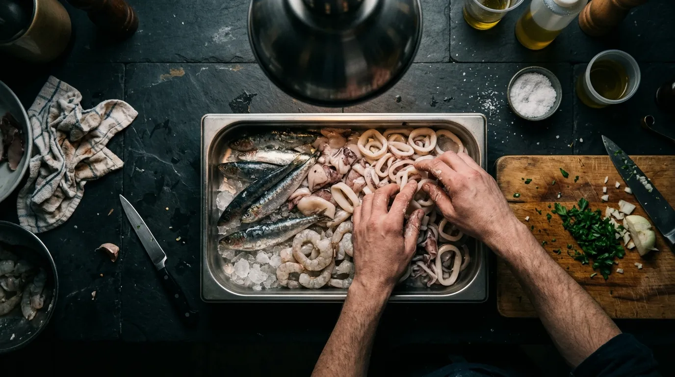 Raw seafood being prepared on a counter with unwashed hands.