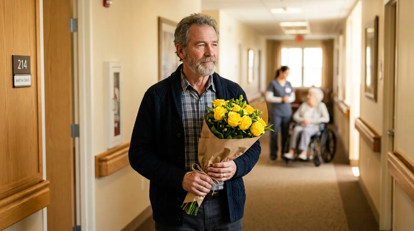 A 58-year-old man standing in a nursing home hallway holding yellow roses