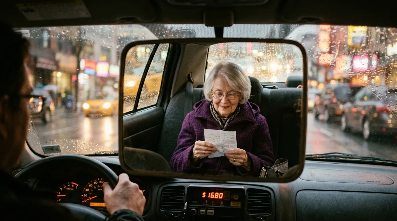 Elderly woman reading a grocery list reflected in a taxi rearview mirror
