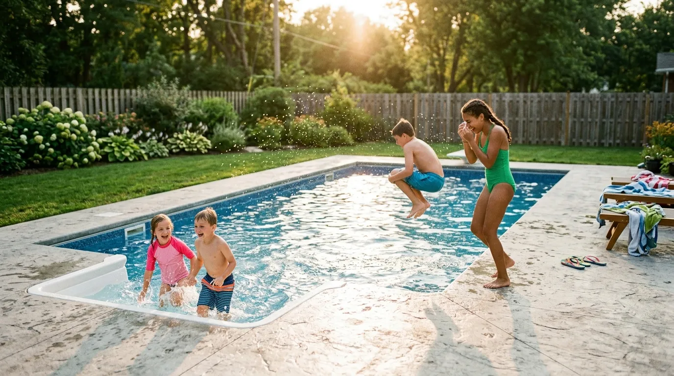The rebuilt backyard pool at sunset with family laughing and swimming