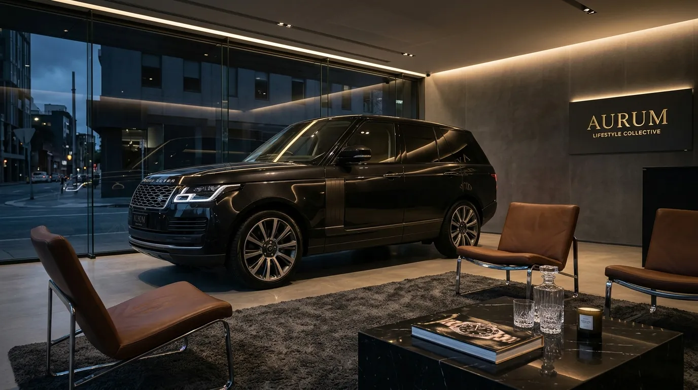 A luxury SUV parked outside a high-end furniture showroom