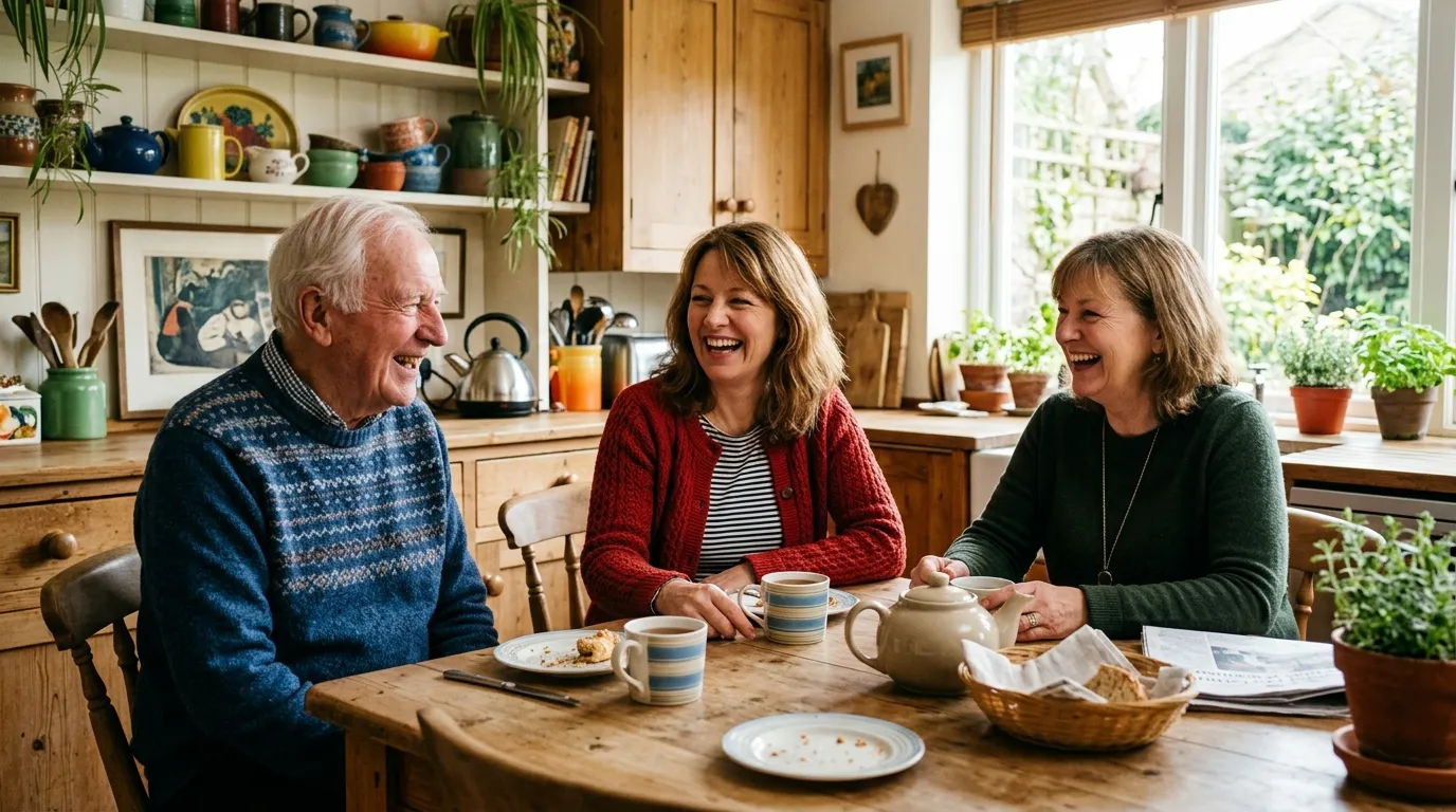 Three people laughing at a kitchen table