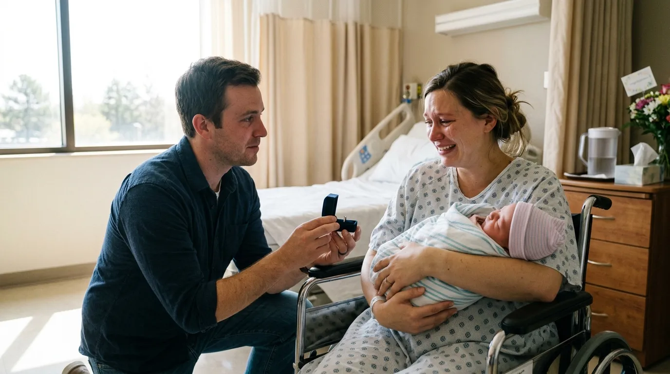 A man proposing to a woman holding a baby in a hospital room