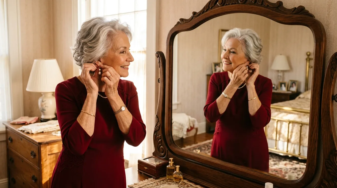 A 72-year-old woman with silver hair wearing a deep red dress, fastening a pearl earring in front of a mirror.