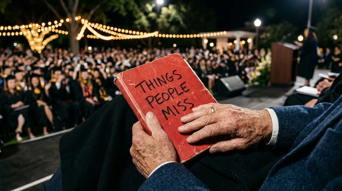 Older hands holding a red notebook titled THINGS PEOPLE MISS at a graduation ceremony