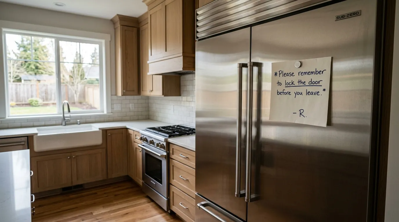 Handwritten note on a kitchen refrigerator