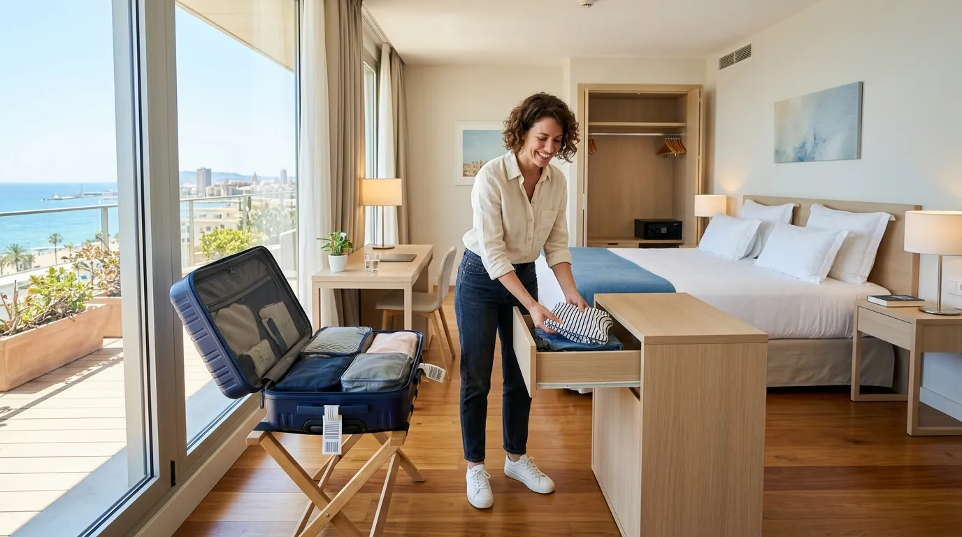 A relaxed traveler sitting happily in a clean and safe hotel room