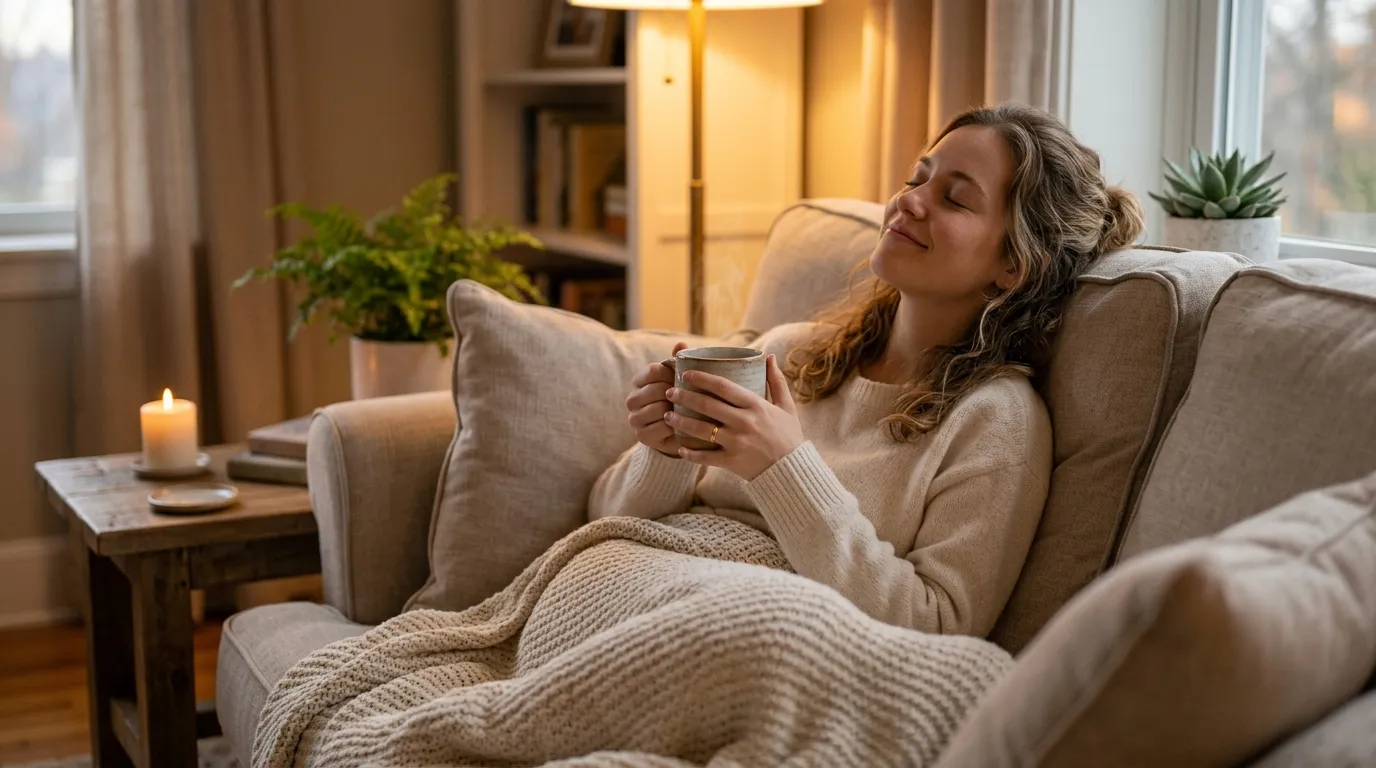 Person relaxing on couch with eyes closed holding chamomile tea