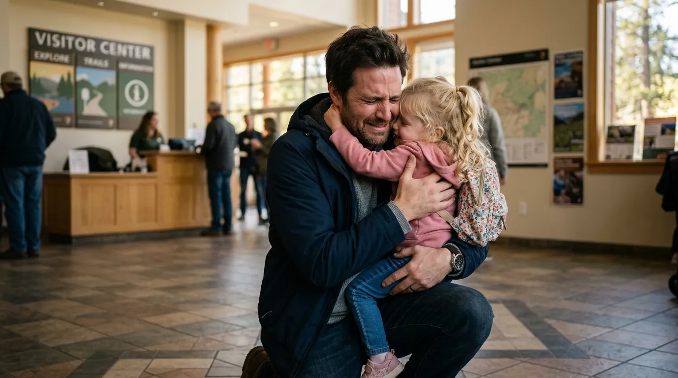 A relieved father kneeling to hug his daughter in a visitor center