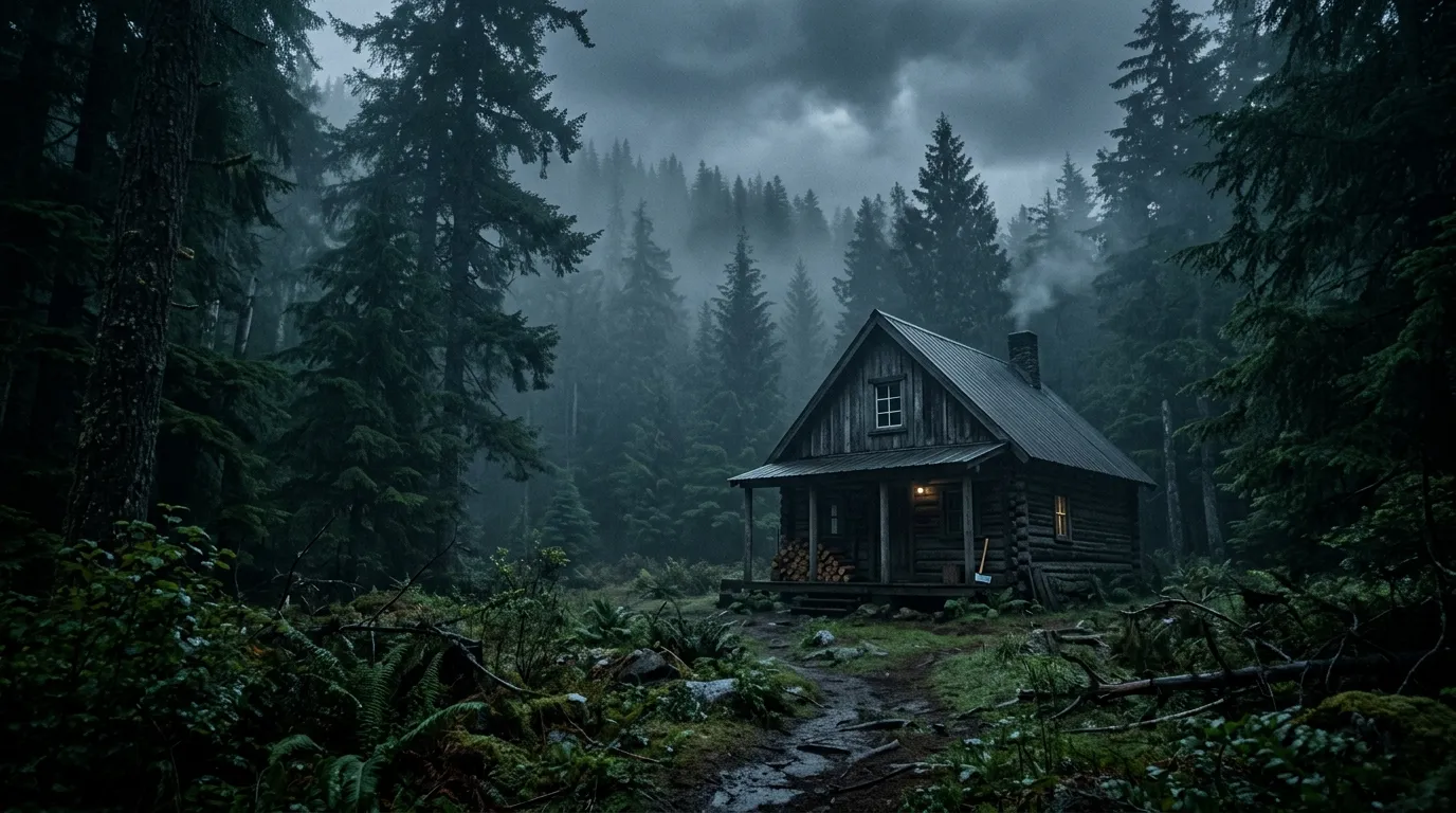 A rustic wooden cabin in the woods at dawn.
