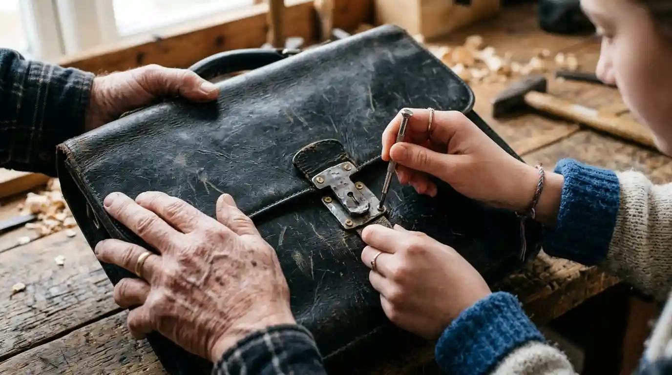 Old man and young girl's hands attaching a newly made, imperfect metal latch to an old briefcase
